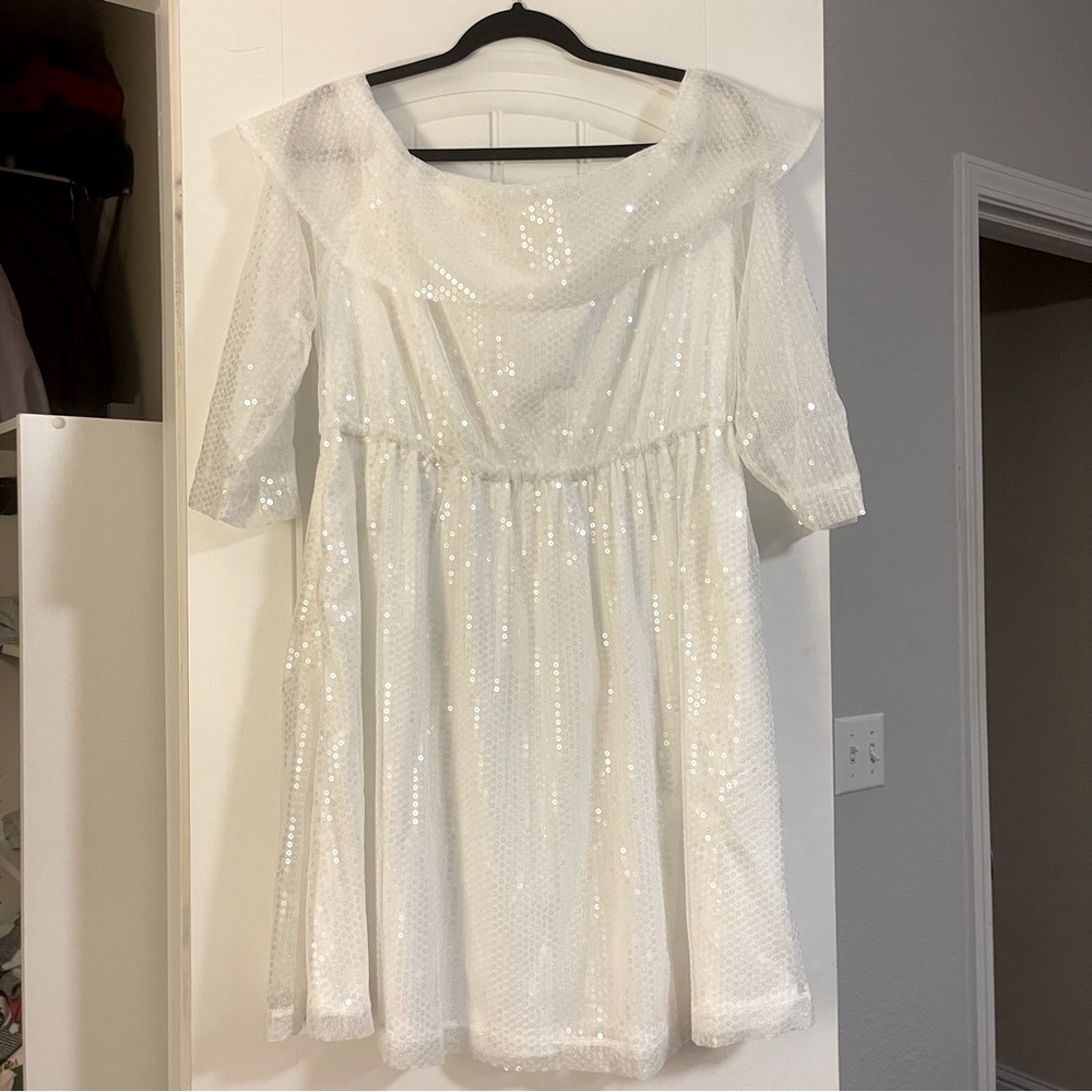 Chic Soul “When You Know Dress” in White. Off the shoulder style w/ sequins.